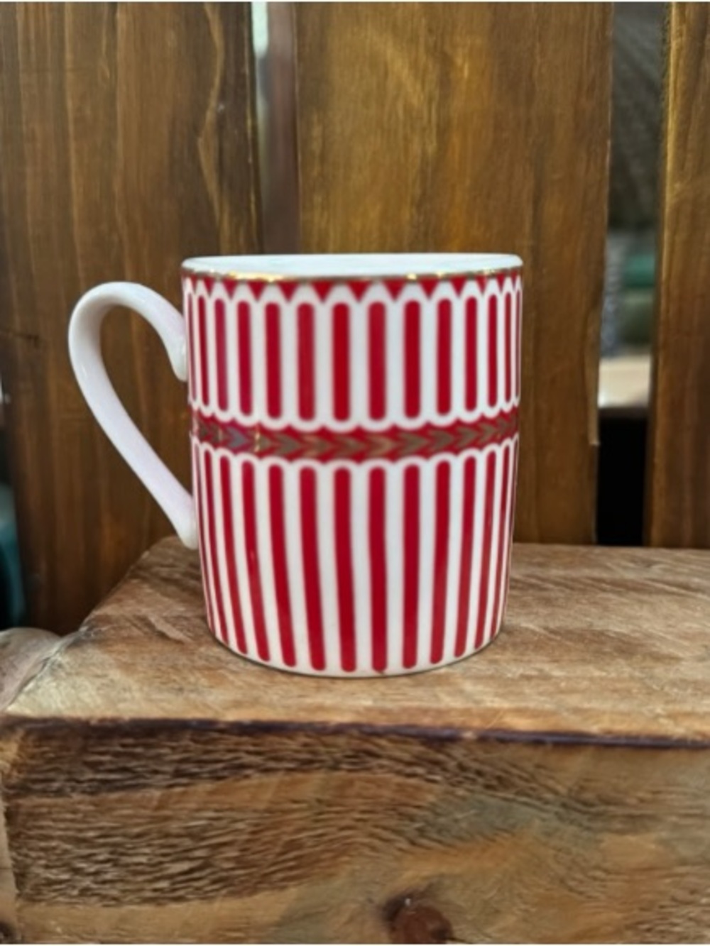 Red and White Striped Porcelain Mug with Gold Accent
